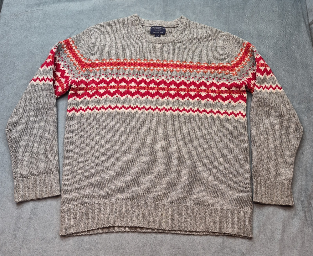 American Eagle Outfitters Fair Isle Mens 100% Lambswool XL Knit Gray Sweater